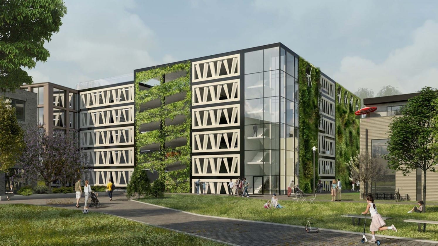This parking building is made using decommissioned wind turbines